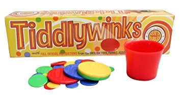 The board game 'Tiddywinks' box and colourful counters