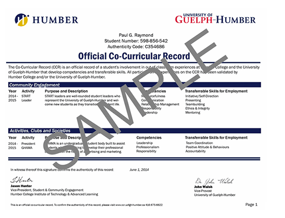 An example of an official co-curricular record from University of Guelph-Humber