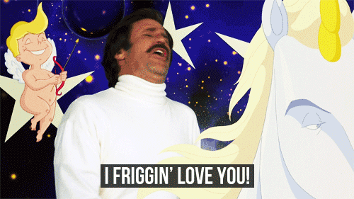 GIF of a man saying "I friggin' love you!" with angels floating around hum