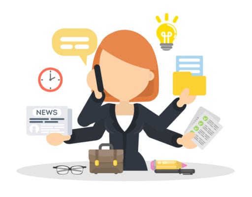 Illustration that depicts a woman multi-tasking at work.